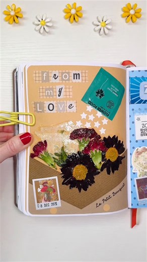 laura t ✿ on Instagram: "whenever my husband goes grocery shopping for us, he likes to surprise me with these petite bouquets from trader joes’s 🥹💐 i dried out some of the flowers + kept the bouquet/flower food packaging for this spread! i used glue stick + scrapbook tape to position the flowers, but the mod podge is really what’s adhering it to the page ☺️ i let it fully dry for 24 hours! letter stickers by @rongrong_devoe_illustration 🤩 . . . . . #memorykeeping #scrapbooking #junkjournaling