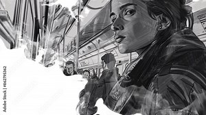 Woman in the city in the subway Safety Urban Ink Drop Sketch Animation Video