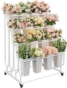 Flower Display Stand Frame, 4 -Tier Flower Cart with Wheels, Metal Floral Display Rack, Moving Florist Bouquet Shelf for Shop,Flower Bar, Events (White - 4 Tier)