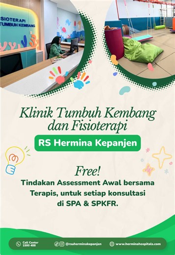 Setiap anak punya proses tumbuh kembang yang unik. Di RS Hermina Kepanjen, tersedia Klinik Tumbuh Kembang Anak dengan berbagai layanan sesuai kebutuhan si kecil, mulai dari: ✨ Terapi Wicara ✨ Okupasi Terapi ✨ Sensori Integrasi ✨ Snoezelen ✨ Fisioterapi Anak ✨ Screening Tumbuh Kembang Yuk, pantau tumbuh kembang si kecil dan konsultasikan kebutuhannya bersama tenaga profesional di RS Hermina Kepanjen. 💚 #RSHerminaKepanjen #KlinikTumbuhKembang #HerminaLebihDekat #TumbuhKembangAnak #HerminaHospital