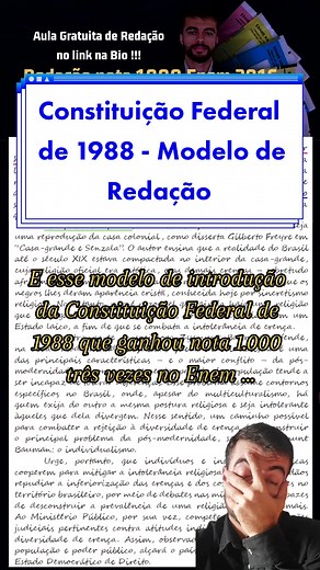 Modelo de introdução usando a Constituição Federal de 1988... Perceba que o modelo usa o direito/ dever garantido na Constituição Federal de 1988 como meio de contextualização, sendo adaptado conforme o problema social trazido pelo tema. Se é garantido na CF, o problema social no tema representa uma quebra desse direito, ou seja, temos uma cidadania de papel, o direito é garantido na teoria, mas na prática não é o que acontece. Desse modo, a quebra do preceito constitucional é usado como contras