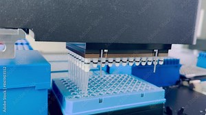 laboratory automated liquid handling system, robotic arm with multiple pipette tips above a tray of microtiter plates. technology in scientific research and testing. modern laboratory automation.