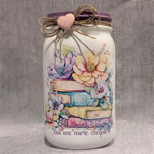 Floral Bookstack Decoupage Mason Jar ~ Centerpiece. Vase. Birthday Gift. Tissue/tealight Holder Option. Coin Bank Option. - Etsy