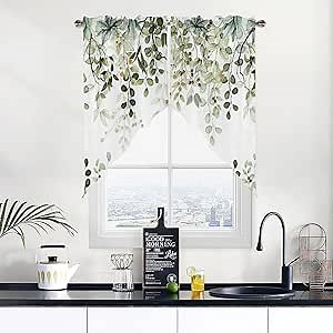BEMIGO Swag Valances for Windows, Elegant Spring Leaf Plant Rod Pocket Kitchen Window Curtains Over Sink, Green Gold Window Curtain Panel Swag Curtains Valences, 36 Inches Length