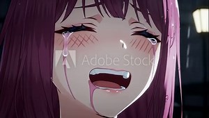 Close-up of a crying anime girl with reddish-purple hair and a sorrowful expression