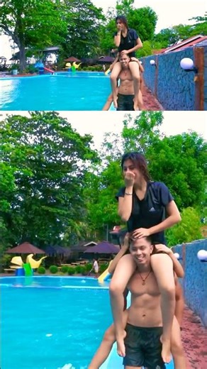 Jumping in the pool with two girls on my back #piggyback #shoulderride #liftcarry