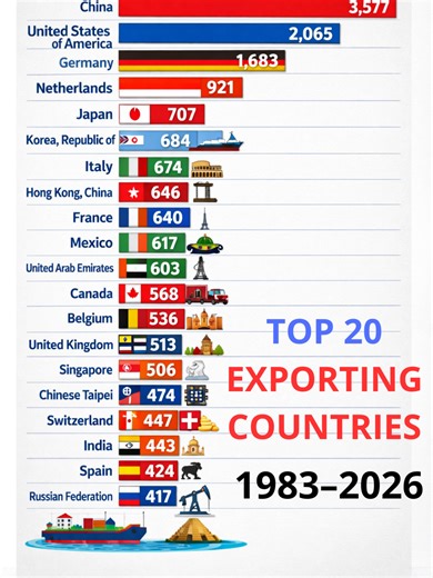 Explore the long-term evolution of global trade as we track the ranking of the world’s top exporting countries from 1983 to 2024. This comparison highlights the shifting dominance in the global market, showing how total exports have grown from millions to trillions of dollars over four decades. Observe the rise of new economic powerhouses and the changing positions of traditional trade leaders in this data-driven breakdown. The rankings reveal significant shifts, including the rapid ascent of Ch