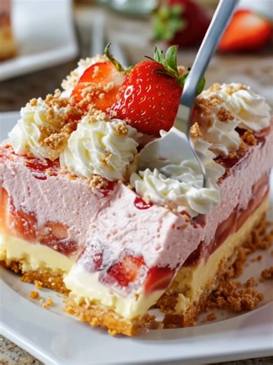 8.8K views · 209 reactions | No-Bake Strawberry Jello Lasagna Hook: A luscious pink dream layered with creamy cheesecake, strawberry Jello mousse, and fresh berries — no oven needed! Yield: 12 servings | Temp: Chill | Time: 25 min prep + 4 hr chill Key Ingredients First: 2 cups crushed Golden Oreos (or vanilla cookies) ................................. Full Recipe in First Cօʍʍеոτ  | Slice of Heaven | Facebook