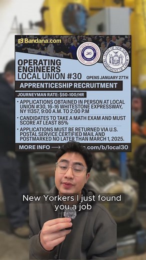 New Yorkers I just found you a job because Local Union 30 Operating Engineers will soon be recruiting for Apprenticeships. 🛠️ View and learn more at bandana.com/b/local30 or at the link in bio. NYC Make that money 💰 #nycjobs #nycjobsearch #apprentices #apprenticeship #union #unionapprenticeship #stationaryengineer #operatingengineers #salary #salarytransparency | Workers Club NYC - By Bandana