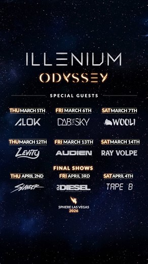 ILLENIUM on Instagram: "Special guests for the third and FINAL weekend of Odyssey at @spherevegas! @slanderofficial @djdiesel @tapebbeats 🔥 Can’t wait to show you all the world we’re building ❤️"