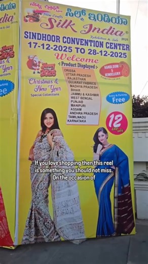 Juveriya |Bangalore Influencer on Instagram: ""🎄✨ Christmas shopping alert! ✨🎄 Silk India's Grand Exhibition & Sale is here! 🎉 Master weavers from all over India, showcasing Kanjeevaram, Banarasi, Tussar, Sambalpuri Ikkat, and more! 🧵👗 Sarees, suits, dress materials, and more - all pure, traditional, and handcrafted! 🛍️ Happening at Sindhoor Convention Center, JP Nagar, Bengaluru, from 17th to 28th December! 📍 Entry and parking FREE! 🤑 Don't miss out! Share with your friends and family! 