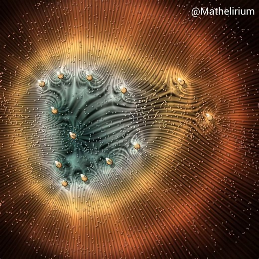 The Lemniscate ForgeA moving Complex Polynomial draws invisible Lemniscates across the plane, and the particles ride those level curves like bright metal filings caught in an algebraic current. The roots appear as raised 2.5D knobs, while the field folds around them in velvet bands of gold, copper, ivory, and deep mineral shadow.