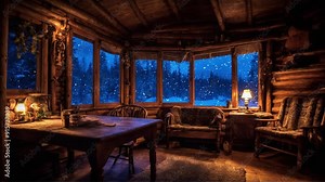 Cozy Log Cabin Interior on a Snowy Winter Night: Warm Glow Illuminates Rustic Furniture and Inviting Space, Offering a Serene Escape in the Heart of Winter.