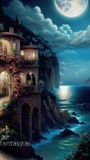 Tranquil Night Scene with Full Moon Over Ocean