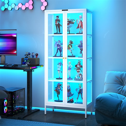 SteeLoong 66”H Display Cabinet with Glass Doors, 8 Color LED Lights Storage Cabinet with 3 Adjustable Shelves,White