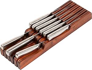 KitchenEdge Acacia Wood Kitchen Knife Block Holder Organizer - Holds 5 Long + 6 Short Knives (Not Included), Fits Most Knife Sizes, Rubber Feet, Premium Food-Safe Finish, In-Drawer Design