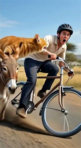 Funny Cat on donkey racing with motorcycle #funny #ai