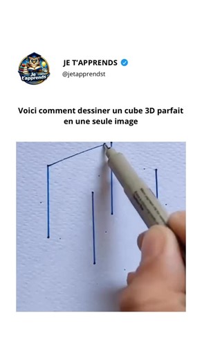 Je t’apprends on Instagram: "N’oubliez pas de nous suivre @jetapprendst pour apprendre quelque chose de nouveau chaque jour Une technique astucieuse à trait unique pour dessiner un cube 3D convaincant sur papier qui semble flotter avec une profondeur et une ombre réalistes. En partant d’un coin, l’artiste dessine un chemin continu qui s’entrelace avec les arêtes visibles et cachées du cube, en suivant soigneusement les règles de perspective afin que les côtés parallèles convergent vers des point