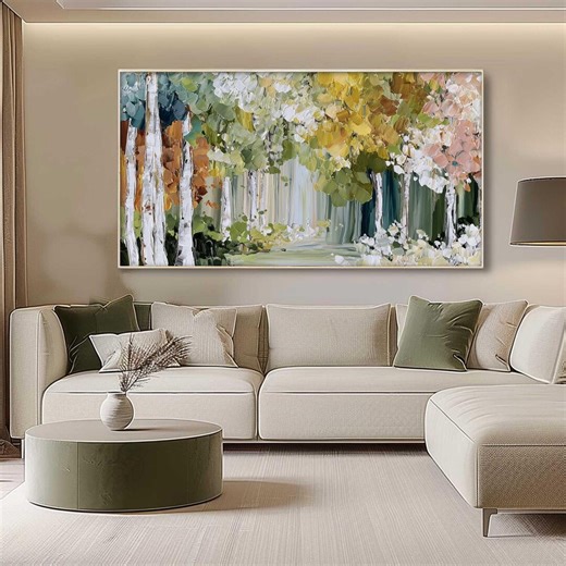 Textured Birch Tree Painting, Large Forest Wall Art, Impasto Green and Gold Landscape, Abstract Woodland Decor, Palette Knife Oil Painting - Etsy