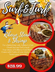19K views · 108 reactions | Come on out and join us here at Lambert's Cafe Ozark this Friday for some Surf and Turf! 10 oz. Ribeye and 10 grilled or fried shrimp with 2 sides and all the pass-arounds! #surfandturf #throwedrolls | Lambert's Cafe Ozark | Facebook