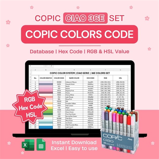 Copic Color Code Chart 36E Farben | Ciao Set | Excel-Datenbasis HEX RGB HSL-Wert - Etsy.de
