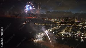 Drone flying through fireworks during friday night sunset, Ala Moana Honolulu Hawaii