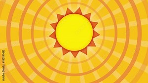 Cartoon sun over yellow and orange sky with sunburst and hot waves, animation of cute sun loop with space for your text or logo. 4k Animation of cute sun. children and babies background.