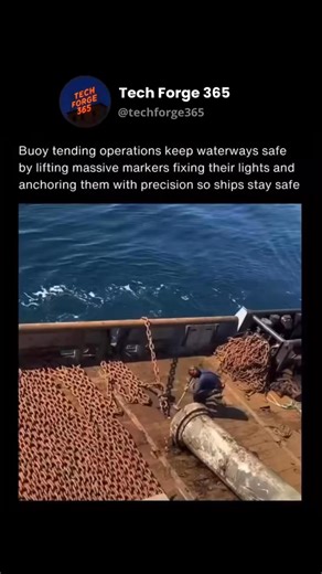 Tech Forge 365 | News & Fun Facts on Instagram: "Buoy tending operations are essential for safe navigation in coastal waters, harbors, and shipping lanes. These operations involve lifting massive buoys from the water, inspecting them for wear, and restoring any parts that have been damaged by storms, currents, or marine growth. Crews must ensure each buoy is visible, functional, and positioned exactly where mariners expect it to be, since even a slight drift can affect the accuracy of charts and