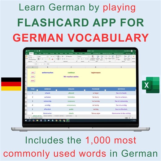 German Vocabulary Flashcards | Excel App | Learn 2,000 Most Common German Words - Etsy Canada