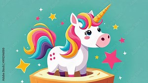 Colorful unicorn emerging from sliced bread on turquoise background. Rainbow mane, golden horn, stars. Playful, magical atmosphere. Flat 2D style, vibrant colors. Whimsical food art concept. Stock Video