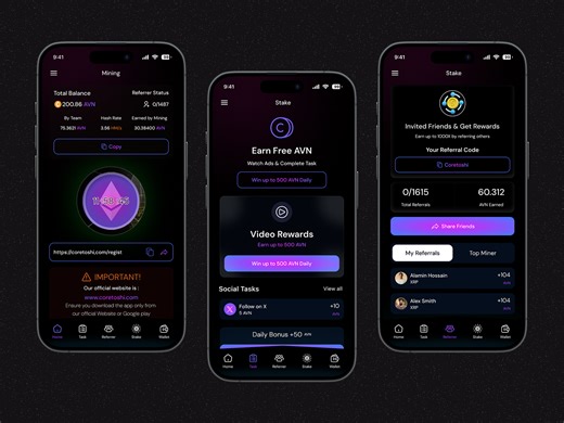 Crypto Mining & Staking Mobile App UI Design.