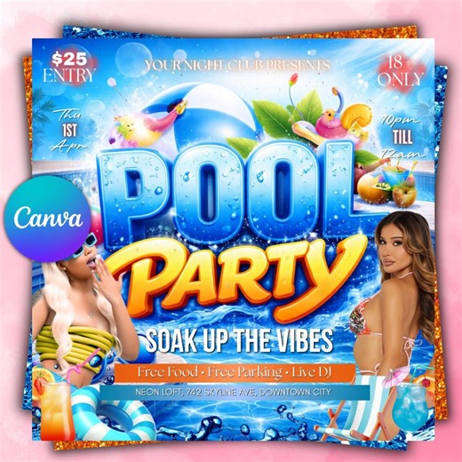Summer Party Flyer, Pool Party Flyer, Summer Break Party Flyer, Summer Event Flyer, Beach Flyer, DIY Flyer Template Design, Canva Editable