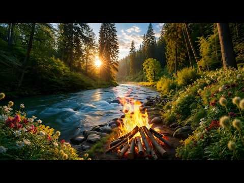 Flowing River Sounds 🔥 Campfire in Forest Relaxing Nature Ambience 🌿✨