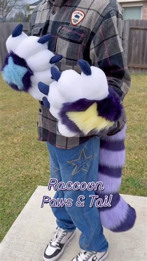 Limeythecheetah on Instagram: "Showcase of the Raccoon Paws & Tail. 💜🩵💛 #fursuitmaker #furryartist #fursuit #fursuitmaking"