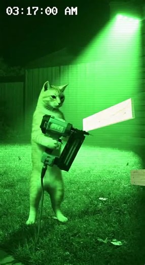 tibias on Instagram: "Security footage captures Mr. Mittens in the backyard wielding a nail gun, seriously attaching wooden planks to thin air as if constructing an invisible structure. The ginger cat maintains complete focus on his phantom carpentry project while the nail gun fires repeatedly into nothingness."