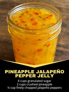 Sweet Heat in a Jar – Pineapple Jalapeño Pepper Jelly (No Canning Skills Needed!) Ingredients: 1 medium pineapple, peeled and finely chopped (or about 2 cups crushed pineapple) 1 red bell pepper, finely chopped ½ cup finely chopped jalapeño peppers (remove seeds for milder, keep some for more heat) ¼ cup lemon juice (or lime juice) 6 cups granulated sugar 1 pouch (about 3 oz) liquid pectin Instructions: Chop the pineapple, red bell pepper, and jalapeños. Wear gloves for safety and remove jalapeñ