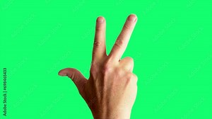 Close up shot of a male hand throwing a classic gang sign, against a greenscreen background ideal for chroma keying