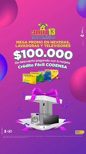 3.5K views · 14 reactions | ¡Llega una #promo imperdible pagando con tu tarjeta Crédito Fácil CODENSA! Del 16 al 26 de febrero, disfruta de $100.000 de descuento en Carrera 13 Electrodomésticos. 拾 #TarjetadeCrédito #Beneficios #promociones #electrodomesticos | Crédito Fácil Codensa | Facebook