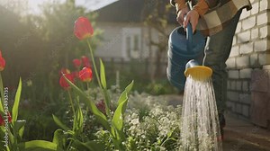 Aged Woman Watering Flowers In Home Garden In Summer, Close Up View Of Watering Can