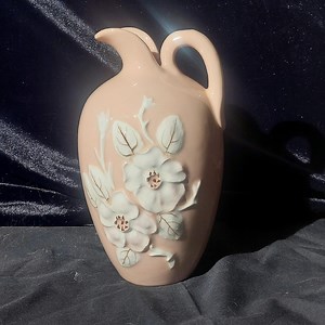 Vintage Hull Art Pottery - Rosella Pattern #R-11 - 7 1/2" R (right designation) Ewer - White Floral on Coral Body - 1946