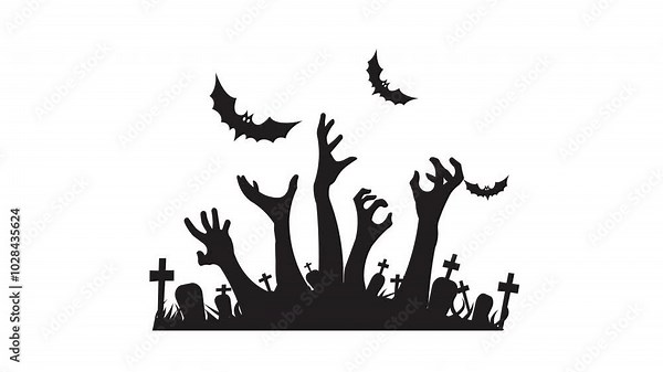 animated Zombie hands with bats and graves silhouette. Creepy zombie crooked lambs stick out of graveyard ground vector illustration set. Halloween zombie hands