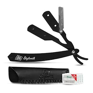 Professional Straight Edge Barber Razor – 60 Single/30 Double-Sided Stainless Steel Blades for Men & Women, with Leather Case (Silver)