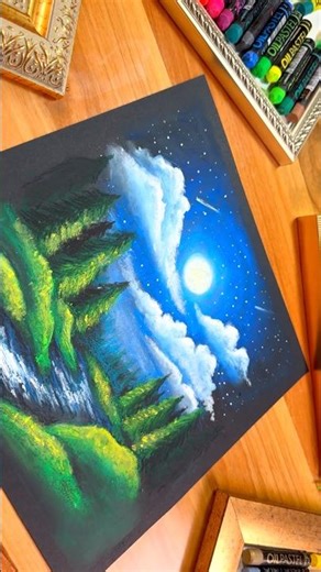 Full Moon Night Landscape 🌕 | Realistic Oil Pastel Art #moon #night #drawing g