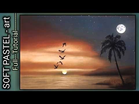 How To Draw Sunset And Moon Night Beach | Sunset And Night Drawing | Soft Pastel Art