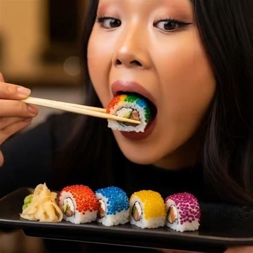 Rainbow Flying Fish Roe Roll Sushi asmr