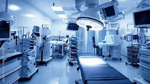High-tech operating room in a hospital with advanced medical equipment, surgical lights, and monitors, showcasing state of the art healthcare technology and sterile environment.