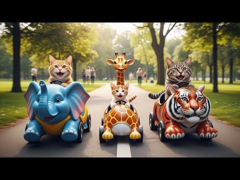 Kitten Family Races Giant Colorful Animal Cars in the Park | Too Cute to Miss