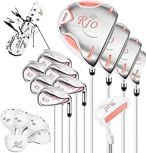 PGM Women's Golf Club Set with 11 Clubs - 4 Titanium Woods(#1,3,5,4H), 6 Irons(#6,7,8,9,PW,SW), and 1 Putter - Golf Stand Bag