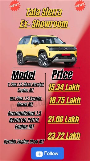 Tata Seirra Ex-Showroom Price MT Petrol Disel Engine Diffrence #tatamotors #tatasierra2025