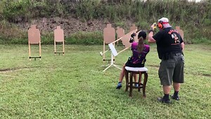 We had a great club match yesterday at Flagler Gun & Archery Club in Bunnell, Florida! On this stage a rope was tied to a bar stool. You had to face up range and when you turn the bar stool down range, the non-threat swinger is activated. The closest 4 targets had to be engaged first, then the last two in the back. Thanks to Steve Canfield for putting up another great match! #twaw_shooting_team #shootersworldpowder #flaglergunandarcheryclub | The Well Armed Woman Shooting Team